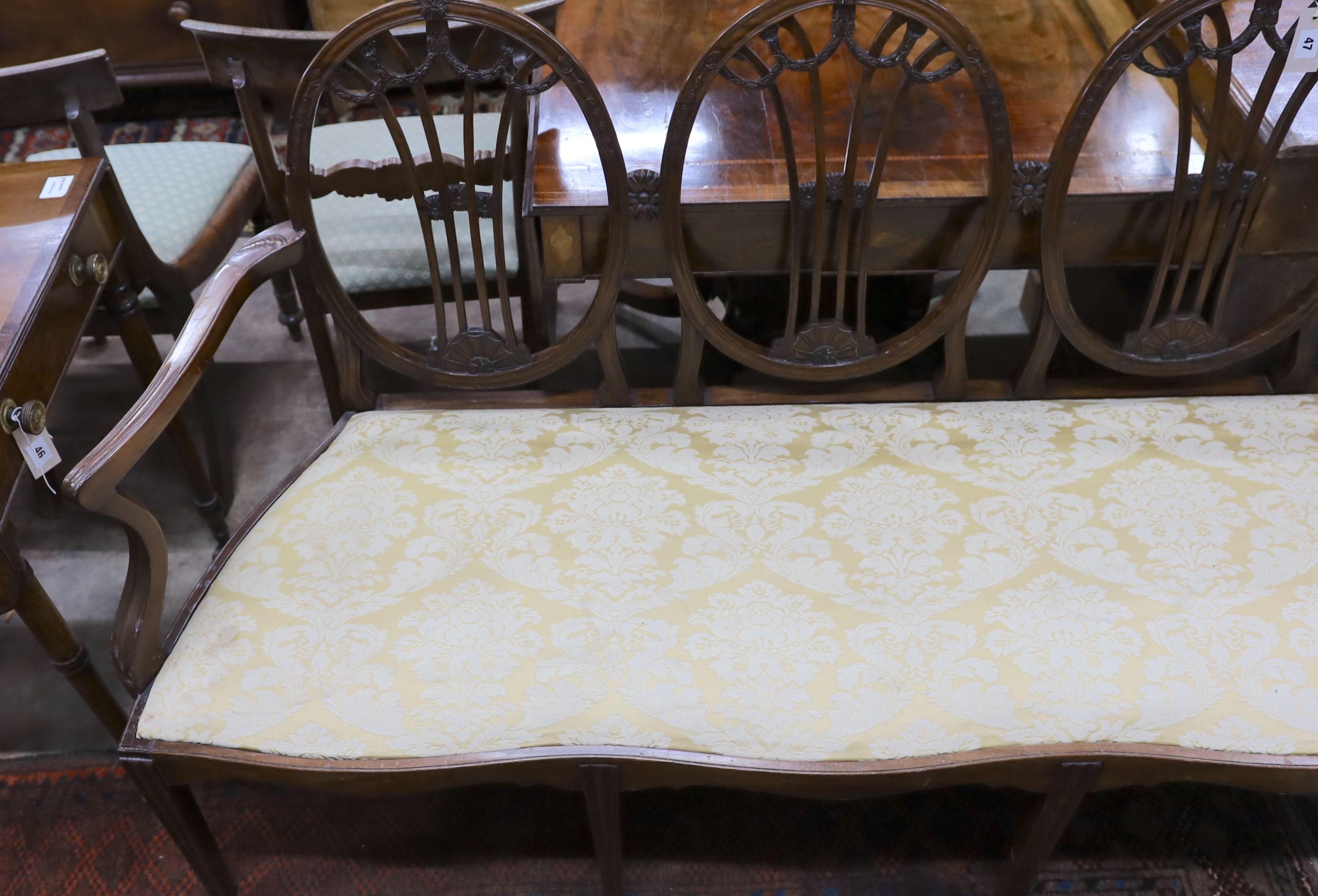 An early 20th century Hepplewhite style mahogany chair back settee, length 204cm, depth 56cm, height 98cm